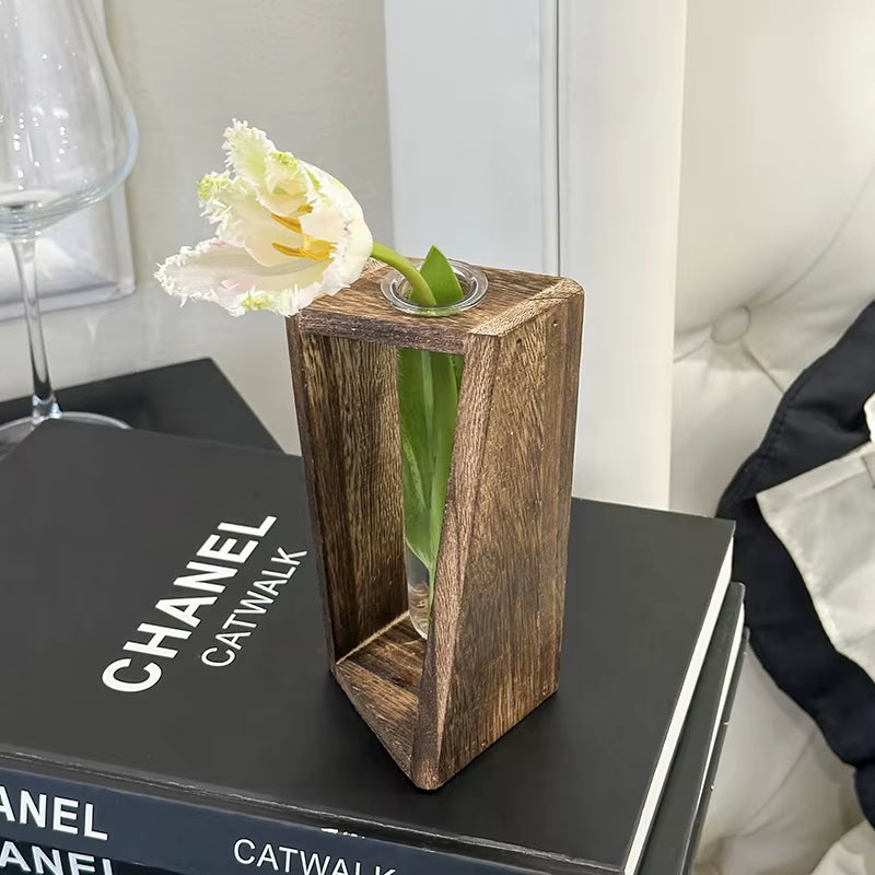 Creative Wooden Hydroponic Vase Plant Vase Retro Vase Transparent Vase Desktop Plant Home Decoration