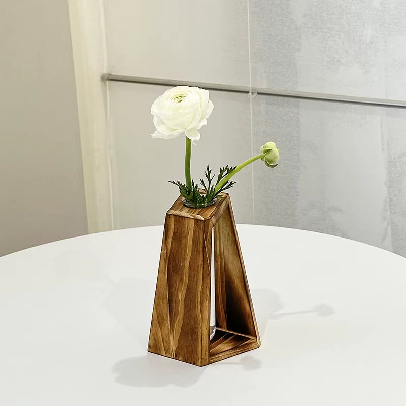Creative Wooden Hydroponic Vase Plant Vase Retro Vase Transparent Vase Desktop Plant Home Decoration