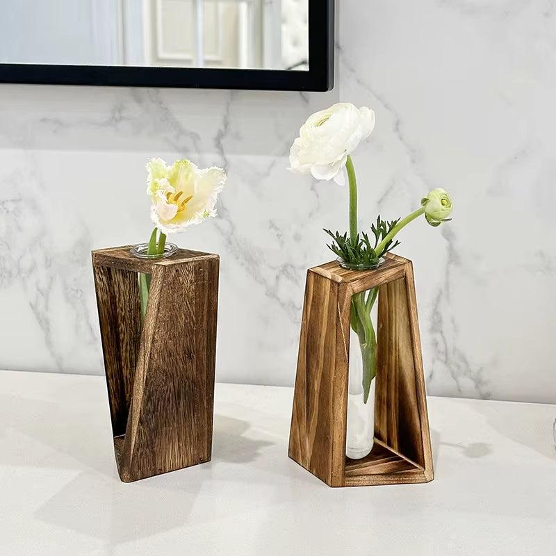 Creative Wooden Hydroponic Vase Plant Vase Retro Vase Transparent Vase Desktop Plant Home Decoration